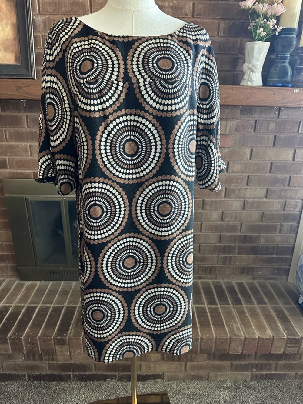 Tory Burch Geometric Circle Silk Shift Dress Size 12 Black Tan White Mod